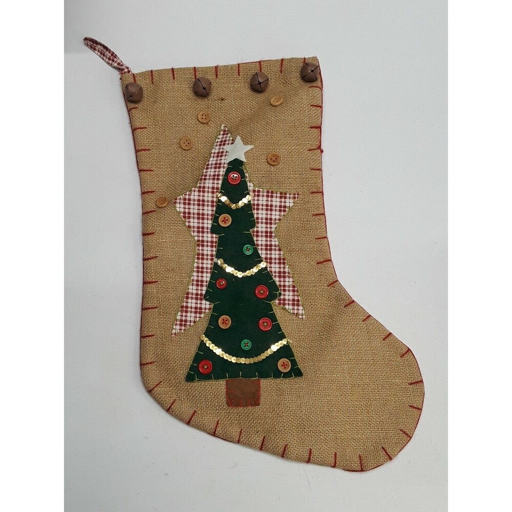 Crhistmas Stocking Natural Fiber Jute Applique Tree Buttons Jingle bells